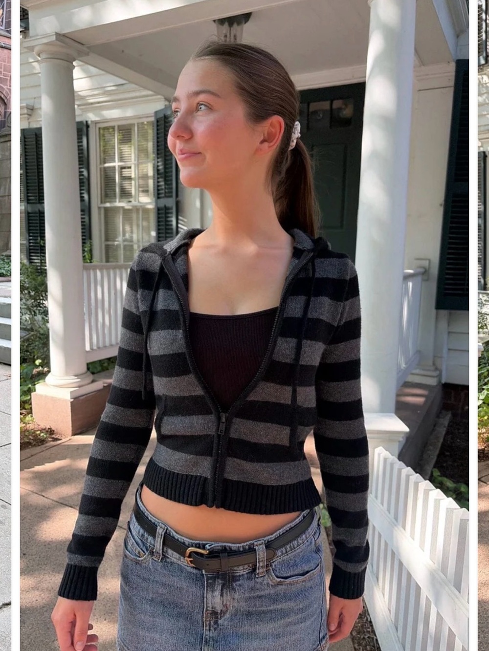 Brandy Melville Black & Gray Striped V-Neck Zip Hoodie Sweater
